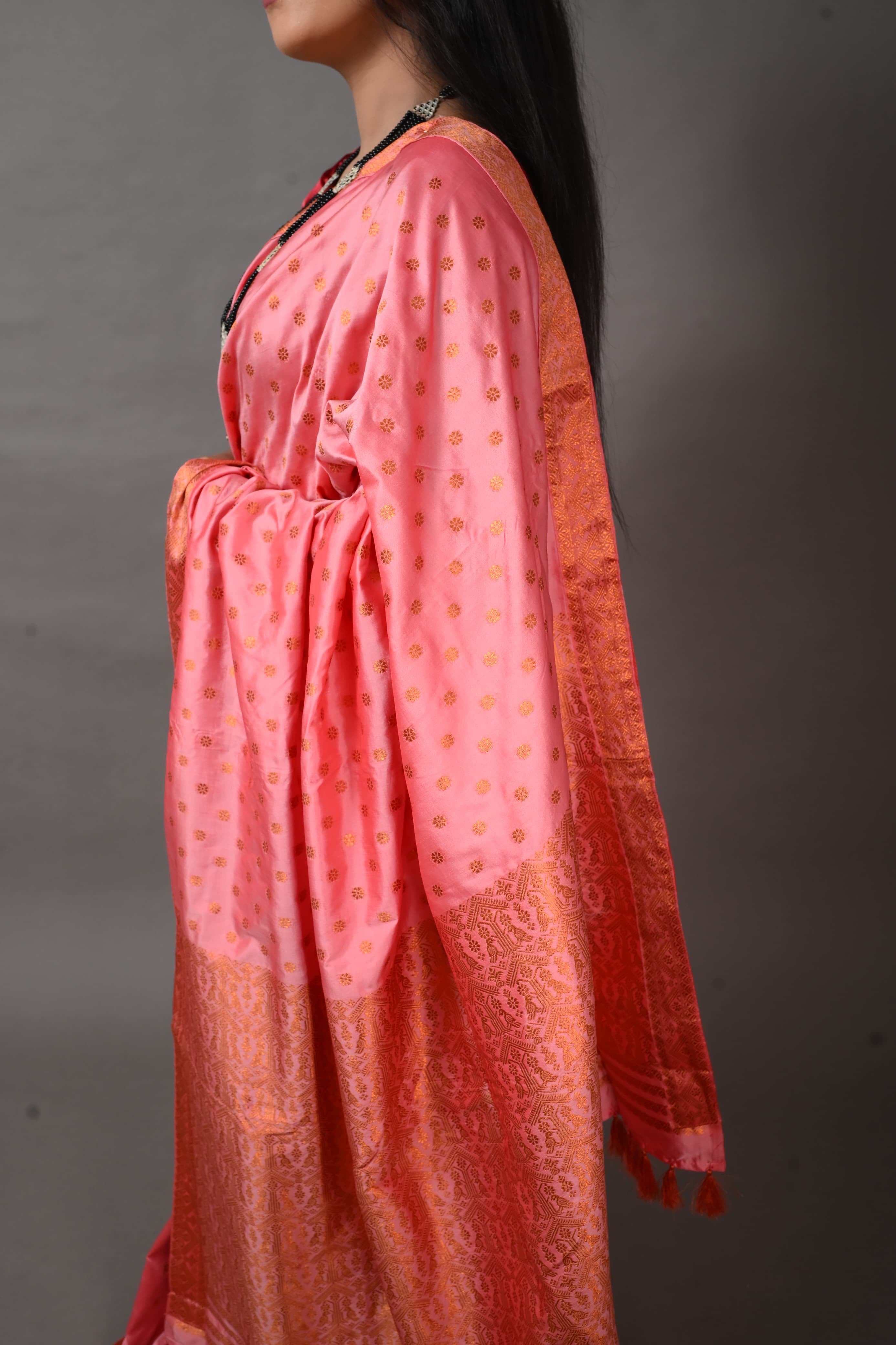 Assam Handmade Pink & Red Mixed Pat Silk Mekhela Chador